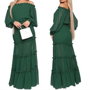 Hunter Green Smocked Maxi Dress w Drop Shoulder & Flowy Sheer Skirt / Sleeves S